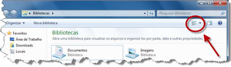 Modos de Visualização no Windows Explorer: Alista de pastas e arquivos podem ser exibidas de diferentes modos no Windows Explorer, para selecionar um modo de exibição utilize o botão abaixo e defina