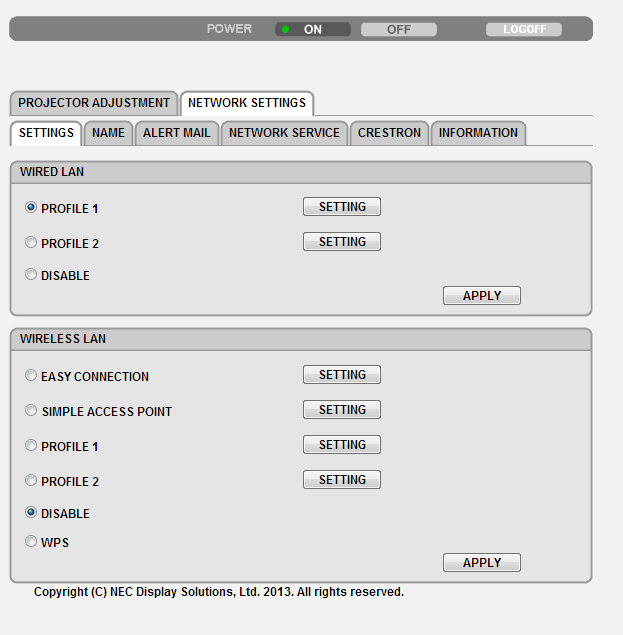 3. Recursos convenientes DEFINIÇÕES DE REDE DEFINIÇÕES WIRED ou WIRELESS SETTING APPLY DHCP ON DHCP OFF IP ADDRESS SUBNET MASK GATEWAY WINS AUTO DNS ON AUTO DNS OFF Define para rede local com fio ou