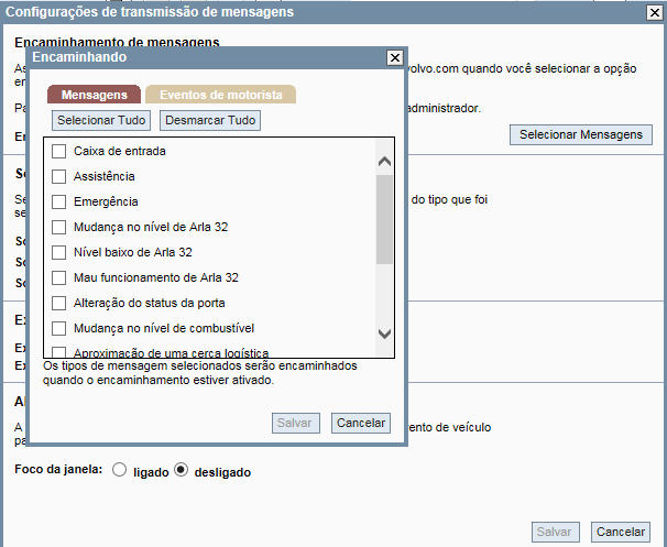 Aba Transmissão de mensagens: Configurações IMPORTANTE: através do ícone CONFIGURAÇÕES DE TRANSMISSÃO DE MENSAGENS o usuários seleciona