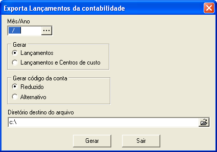 Lançamentos e Centros de Custos: caso escolha essa opção, será gerado no arquivo os lançamentos do período informado com os respectivos centros de custo; Gerar código da conta: deverá escolher qual o