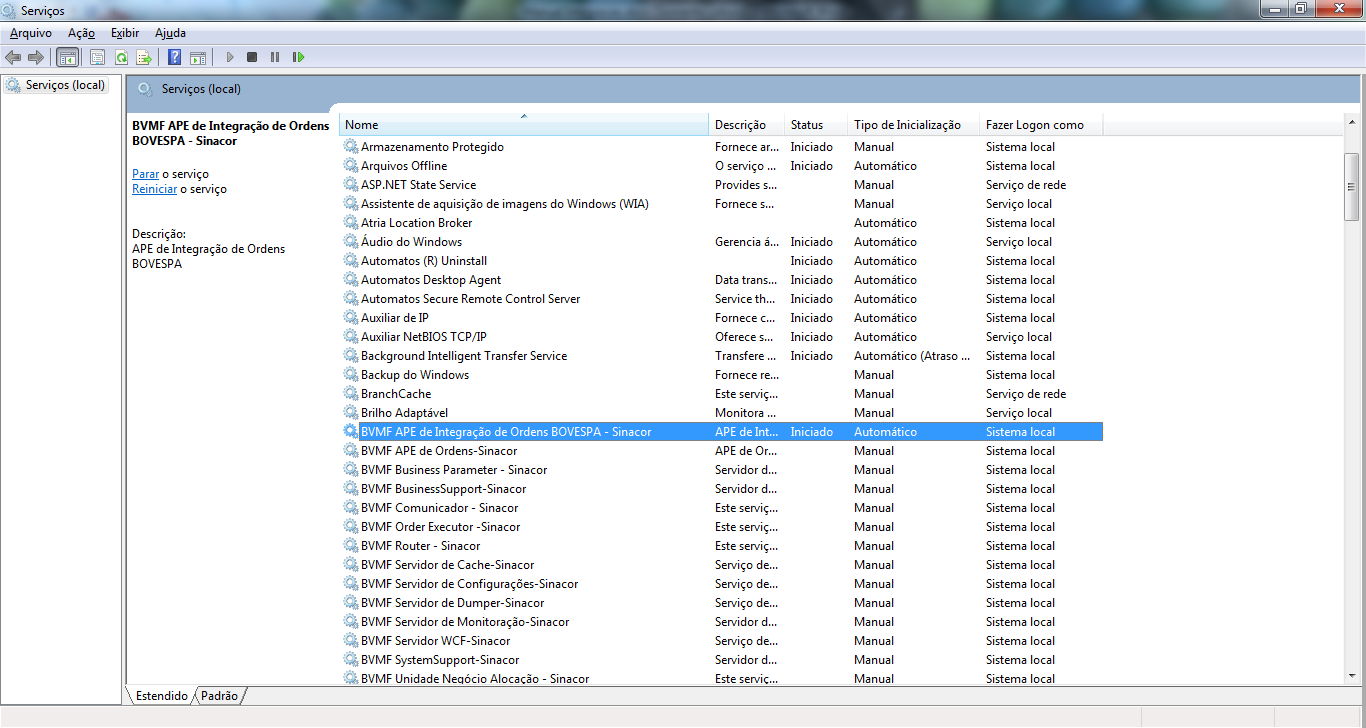 O serviço Windows da APE de Integração poderá ser visualizado pela tela de serviços do Windows, encontrando-se iniciado e pronto para ser utilizado: Ativando a APE de Integração - Serviços via