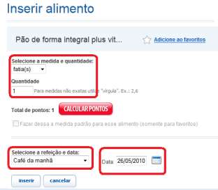 Será feita a busca e a escolha do alimento. Ao encontrar o alimento desejado, clicar em Ver detalhes e, em seguida, em inserir no contador.