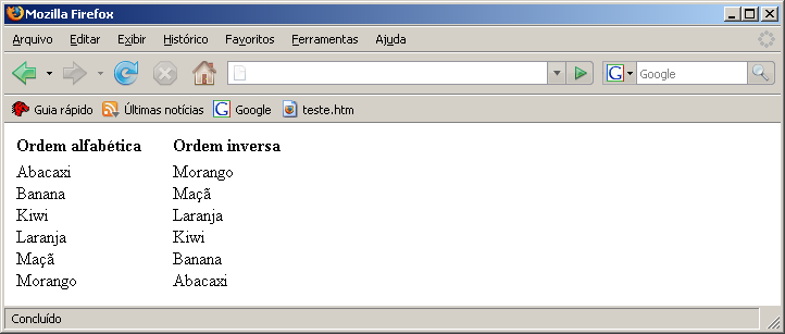 document.write(fruta[i] + "<br>") // --> </td> <td> <!-// Agora invertemos a ordem do Array invocando o método //reverse() fruta.reverse() for (var i=0; i<6; i++) document.