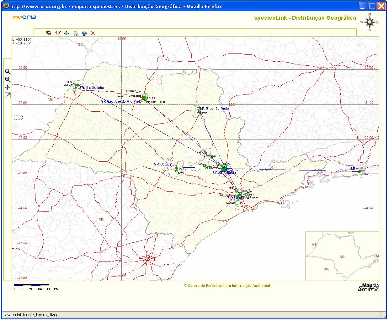 6.3. MAPA Apresenta o mapa com a distribuição geográfica das coleções participantes da rede, sinalizando sua disponibilidade para consulta de acordo com os dados coletados pelos processos de