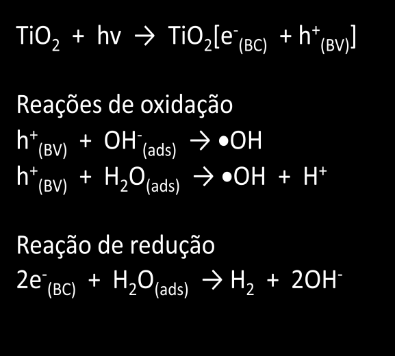 No entanto, para que esse semicondutor seja fotoativo é necessário que o potencial de óxido-redução da lacuna de valência receba energia suficiente (hv), deixando carga positiva (h + ) na lacuna,