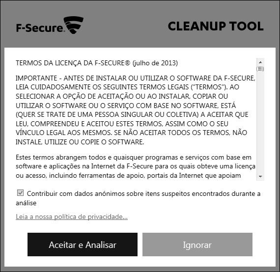 b) Durante a instalação, é executada a Ferramenta de Limpeza (Cleanup Tool). Na primeira etapa, é exibida a tela de Termos da Licença.