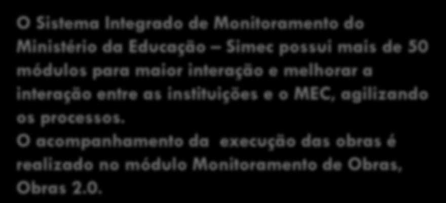 Apresentando o Sistema Integrado de Monitoramento do MEC 3 O Sistema Integrado de Monitoramento do Ministério da Educação Simec possui mais de 50 módulos para maior interação