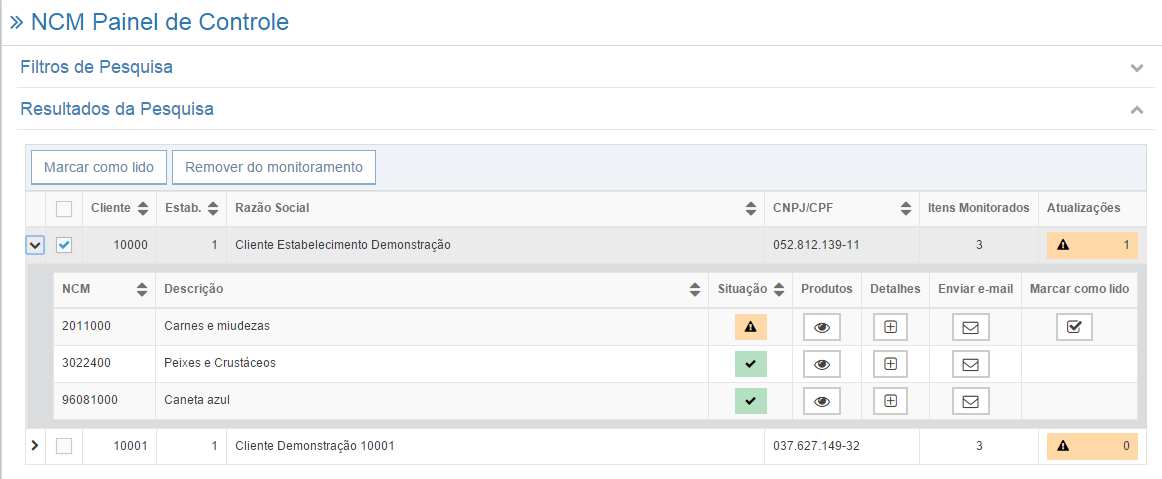No painel de controle do seu escritório você visualizará os NCM S por cliente.