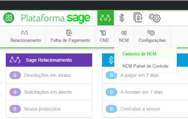 3. Sage Alerta NCM 2.1. Cadastro NCM Para acessar o módulo NCM, acesse: Módulo Relacionamento /menu NCM. controlar.