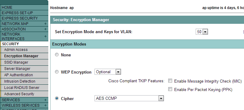 Vá em Security->Encryption Manager e marque a opção cipher para AES CCMP, como na Figura 6. É neste momento que indicamos que utilizaremos métodos EAP (802.X). Após feito isso, confirme com Apply-all.