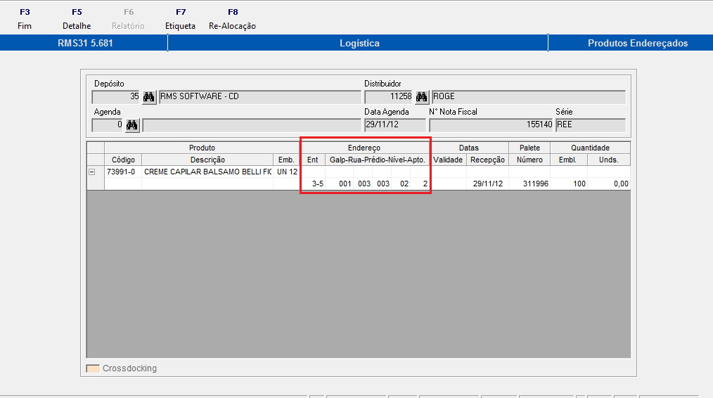 Imagem 28 Produtos sem endereço de Picking Através da função F6 Itens, é possível visualizar o endereçamento efetuado para cada produto, as datas de validade e