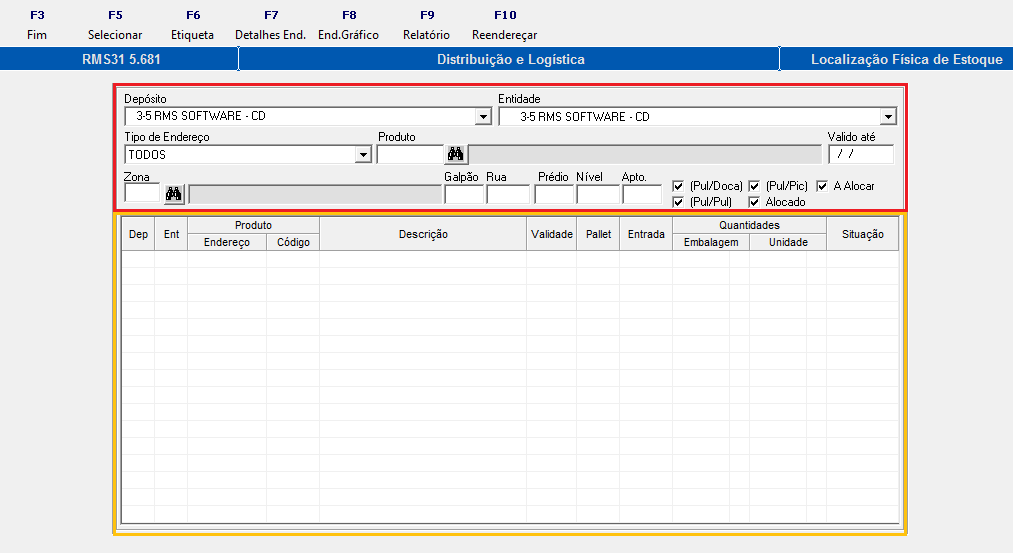 Movimentação Localização Física do Estoque [VGDULEST] Imagem 32 Tela da Localização Física do Estoque A imagem acima retrata o programa destinado às atividades de detalhamento e endereçamento da