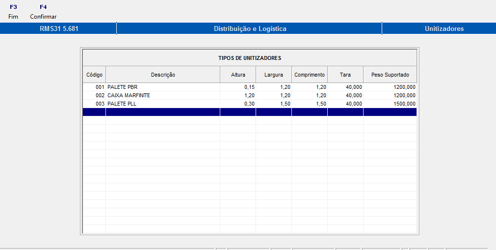 Cadastro de Unitizadores [VGDTPUNI] Os unitizadores são ferramentas para unificar uma quantidade de cargas em um único volume, com intuito de facilitar a transferência de um maior número de produtos