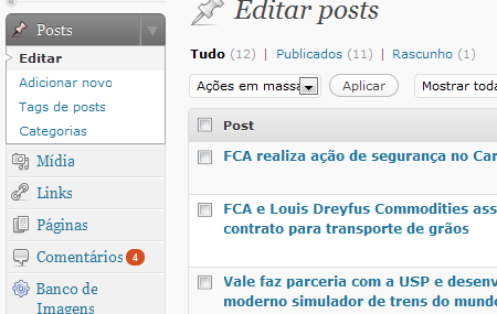 11.4 Como criar uma Notícias ou Release? Para criar uma Notícia e /ou Release, clique em Post, na coluna esquerda.