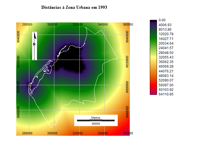 Figura 4.15. Mapa que representa o potencial de transição da classe Não Urbano a Urbano entre 1993 e 2000 As figuras 4.16 e 4.