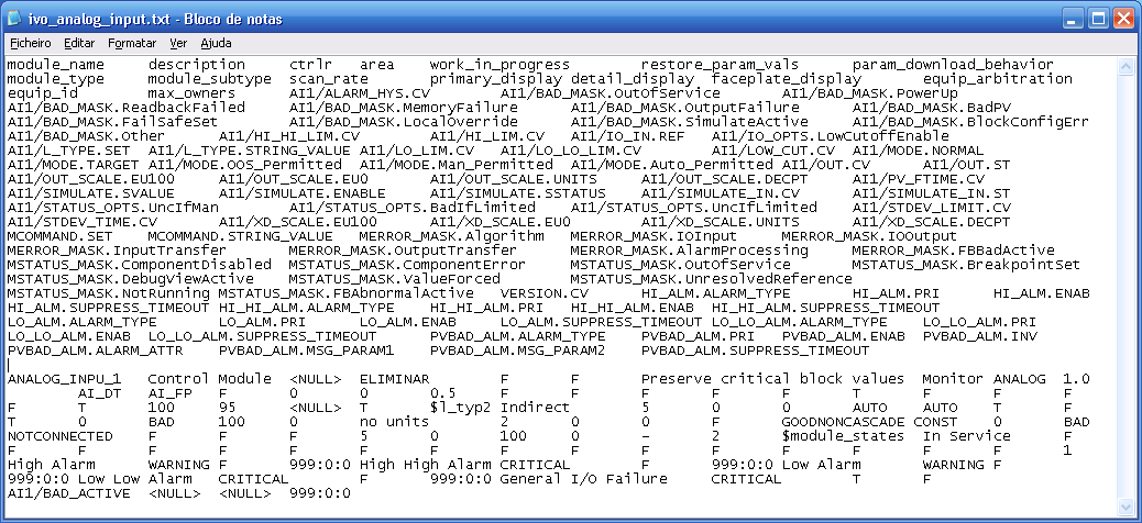 28 Especificação da solução proposta Cabeçalho Parâmetros Figura 4.3 - Exemplo de um ficheiro de texto 4.1.5 Módulos tipo do DeltaV Os parâmetros associados aos módulos DeltaV dependem do seu tipo.