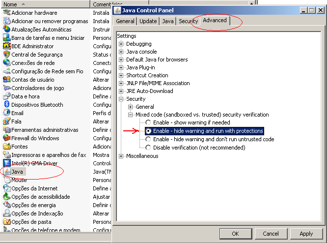 Em Painel de Controle Clique em Java Clique na aba Advanced Clique em Security Clique em Enable hide warning and run with protections Recomendação para outros problemas Limpar arquivos temporários do