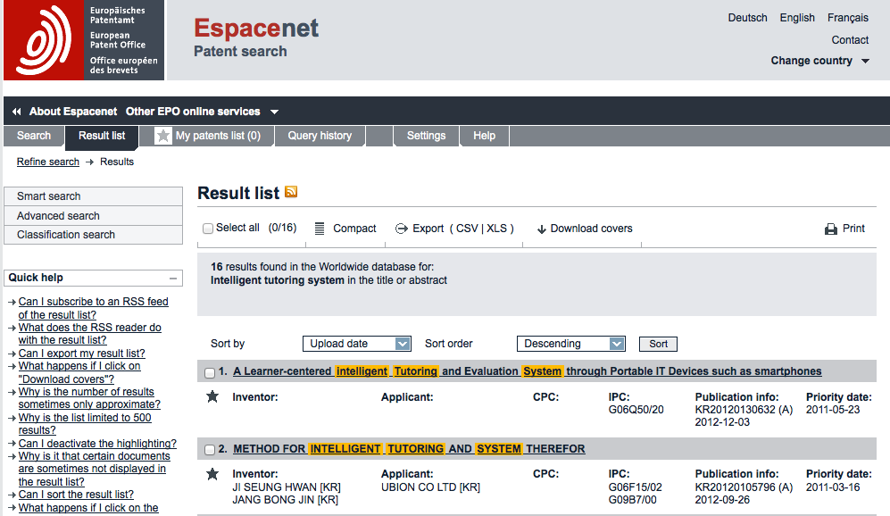 aparecem em sublinhado amarelo, indicando o casamento dos termos pesquisados com as patentes encontradas pelo esp@cenet.