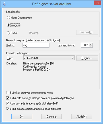 Seleção de configurações de digitalização de arquivo Você pode selecionar o local, nome e formato do seu arquivo digitalizado na janela Definições salvar arquivo.