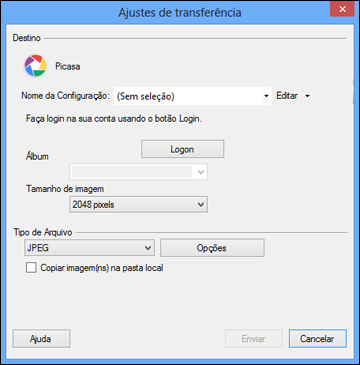 Você verá uma janela como esta: Observação: Se já tiver configurado uma conta do Picasa no Easy Photo Scan, você pode selecionar o Nome da Configuração ou o Nome do destino para a conta, clicar em