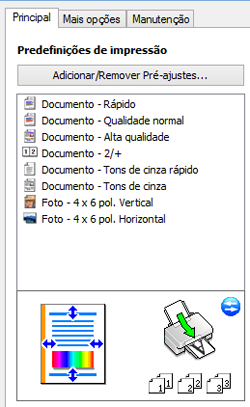 Você vê as opções de Predefinições de impressão disponíveis à esquerda: 2. Coloque o seu cursor sobre uma das Predefinições de impressão para ver uma lista de configurações. 3.