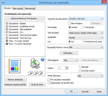 Você verá a janela de definições da impressora: 3. Selecione as configurações de impressão que deseja usar como padrão em todos os programas do Windows. 4. Clique em OK.