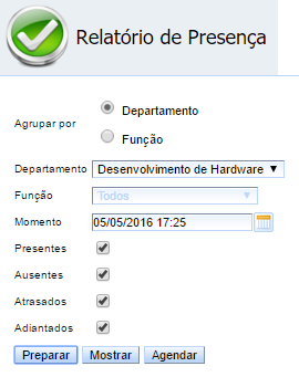 7.2.10.1 Presenças. Abrir presenças Selecionar departamento ou função. Data e hora.