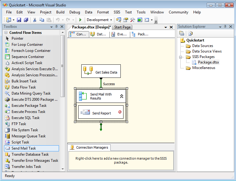 6. Clique no Data Flow Task Get Sales Data. 7. Clique no Data Flow Task e arraste a seta verde para o Foreach Loop Container. 8. Do menu Format, Selecione Autolayout e então Diagram. 9.