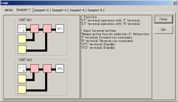 Clicando em um dos botões Basic logic samples ou Logic sample using timer and counter ou Logic sample using data comparision abrirá uma janela contendo algumas abas de exemplos e um