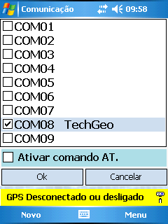 Um toque em Opções > Comunicação abre a tela onde pode ser escolhida a porta serial usada para a conexão Bluetooth.