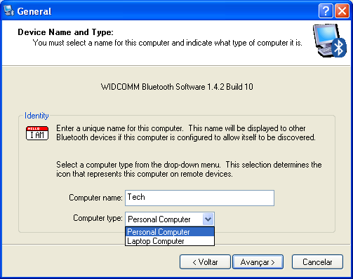 Entre com um nome para o computador e selecione o seu tipo;