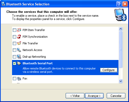 Selecione os serviços que o computador poderá oferecer; a caixa de Bluetooth Serial Port deve ser marcada.