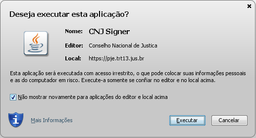 Página 8 de 11 Em seguida a janela abaixo deve aparecer, exibida pela máquina virtual do Java.