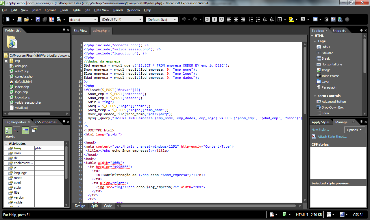 5 Figura 3 - Expression Web Existem diversos editores PHP, ao longo deste trabalho, iremos utilizar o PHPEditor, pois além de gratuito é a referência. O PHP necessita do compilador PHP.