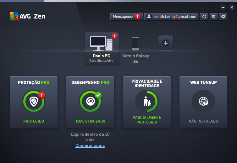 2.2. Interface de Utilizador do Zen Esta é a caixa de diálogo principal da interface de utilizador do AVG Zen.