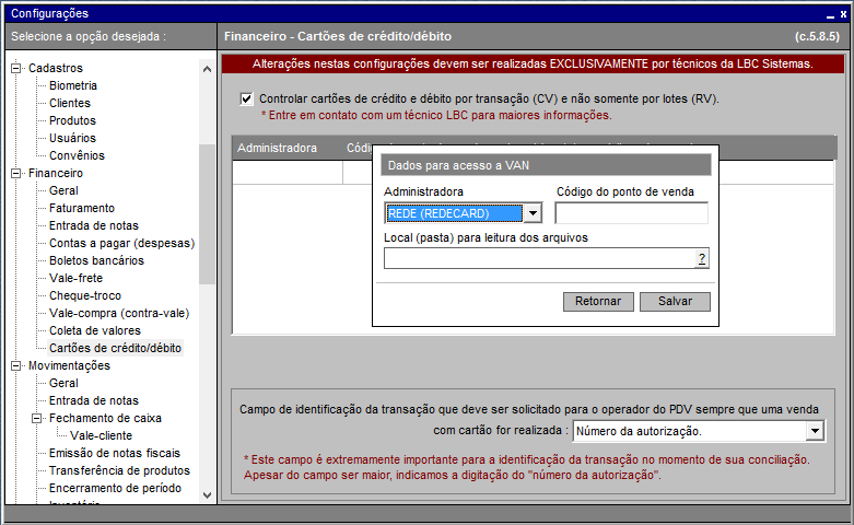 9.1. CONFIGURAÇÕES INICIAIS Para ativar o recurso, o usuário deve entrar em contato com o suporte técnico solicitando a ativação da conciliação de cartões.