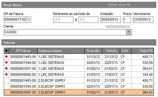 1.2. UNIFICAÇÃO DE FATURAS: Este recurso permite unificar faturas de um determinado cliente gerando uma nova fatura a fim de realizar apenas pagamento com apenas um recebimento.