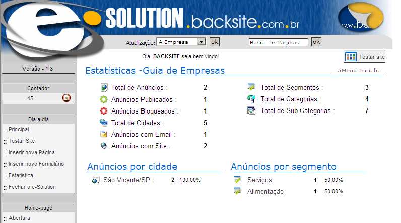 As Estatísticas do Guia apresenta um relatório geral e total de anúncios, mostrando informações sobre seu cadastro quanto a ter registro de site e email.