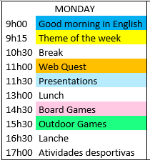 English Summer Club Programa semanal no qual os participantes podem aprender e falar em inglês, através de atividades divertidas e motivadoras, baseadas num tema semanal.