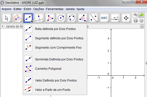 Reta definida por Dois pontos Ativando esta ferramenta, pode-se criar uma reta que passa por dois pontos. Se os pontos já estiverem na área gráfica, basta clicar sobre eles seguidamente.