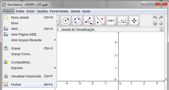 2.1.1 MENU ARQUIVO Neste menu fornece suporte de você abrir uma nova janela, abrir um arquivo na extensão (.ggb) que tenha disponível, gravar o seu trabalho, e entre outros.