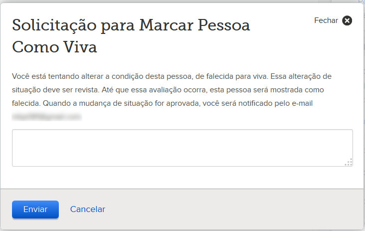 Acrescentar e Corrigir Informações sobre Pessoas e Parentescos d. Digite a explicação. e. Clique em Enviar. Uma tela aparecerá que lista o número do processo de seu pedido. f.