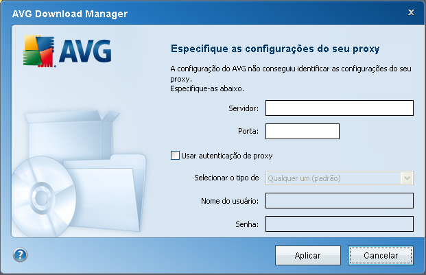 4.3. Configurações de Proxy Se o AVG Download Manager não conseguir identificar suas configurações de Proxy, você precisará especifica-las manualmente.