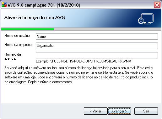 recebido depois da aquisição do AVG 9 Anti-Virus plus Firewall on-line. Digite o número exatamente como mostrado.