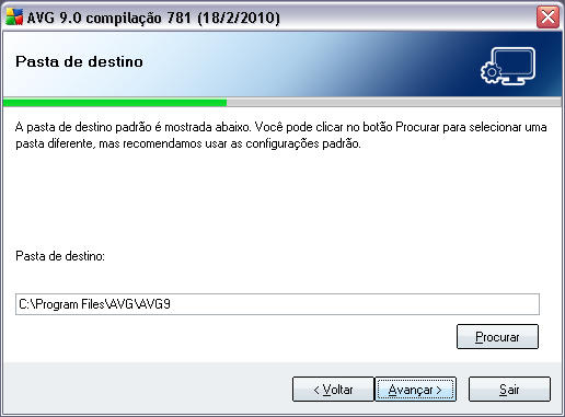 5.6. Instalação personalizada - Pasta de destino A caixa de diálogo Pasta de destino permite especificar o local de instalação do AVG 9 Anti-Virus plus Firewall.