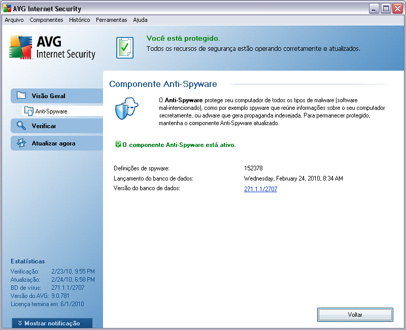 8.2.2. Interface do Anti-Spyware A interface do componente do Anti-Spyware fornece uma breve visão geral da funcionalidade do componente, informações sobre o status atual do componente ( O