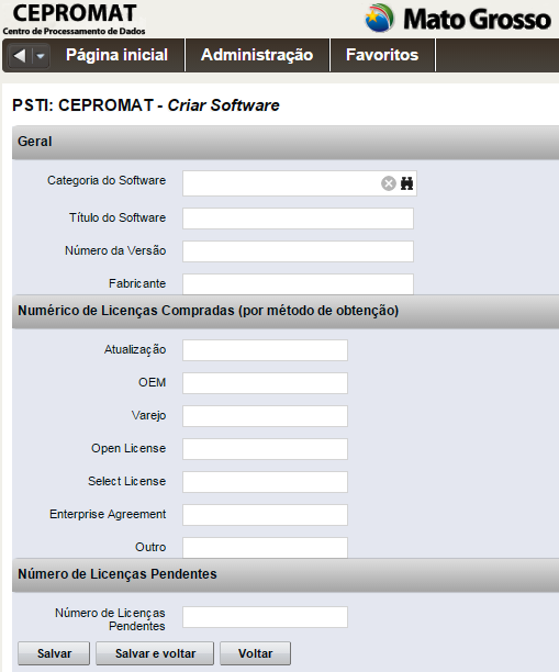 Anexo VI Infraestrutura Softwares: Categoria de Software: selecionar o tipo de software utilizado e sua descrição (Software básico, Suite de escritório, Bancos de dados, Software de BI, Aplicativos