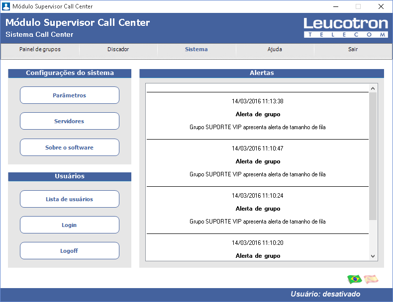 ALERTAS São notificações sonoras e visuais disponíveis para o supervisor Call Center, informando que uma chamada ultrapassou seu tempo