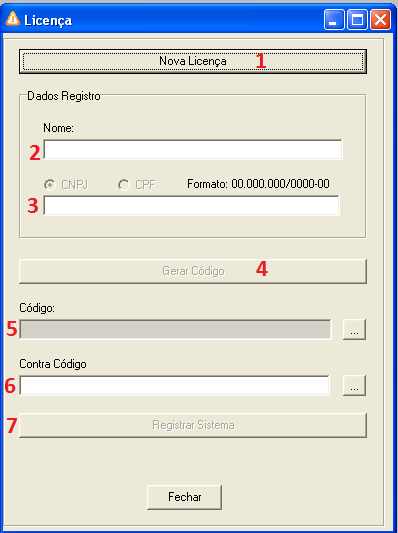 2. Clique no botão Nova Licença (1); 3. Em Dados Registro: 3.1. Coloque o Nome (2); 3.2. Coloque o CNPJ ou CPF (3); 4. Clique no botão Gerar Código (4), 5.
