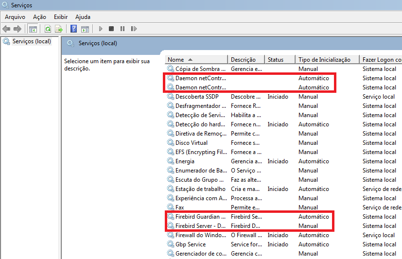 2. A imagem abaixo ilustra a janela Serviços do Windows. Os processos Daemon netcontrolv4, Daemon netcontrolv4 Guard, Firebird Guardian e Firebird Server devem ser parados nessa ordem.